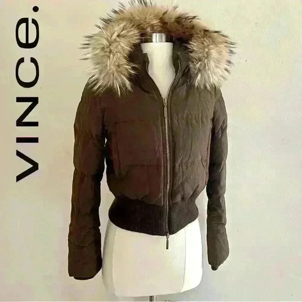 VINCE Fox Fur-Trimmed Crop Puffer Coat XS